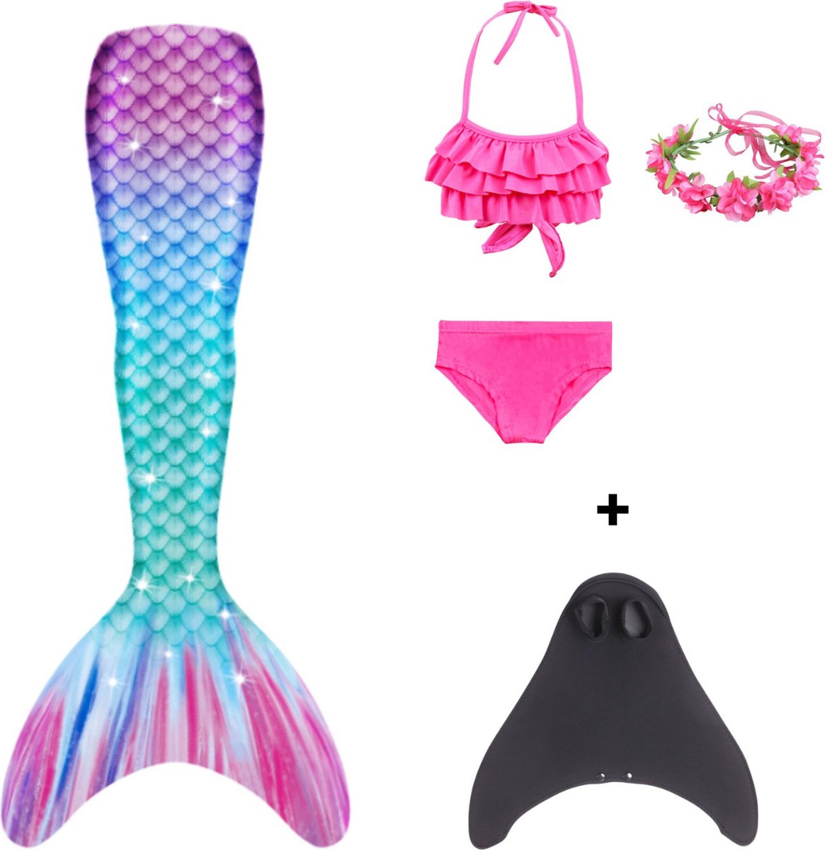 Joya Kids® Zeemeermin bikini verkleed set met MONOVIN | Staart met roze bikini en rozen krans | Mermaid Staart | Prinsessen jurk | Verkleedkleding meisje | Maat 110 | Incl MONOVIN